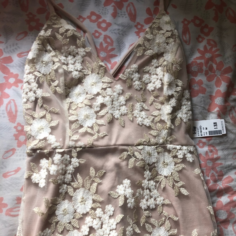Sheer Nude Floral Embroidered  Open Back Dress!